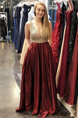 Fashion A Line Burgundy Beaded V Neck Prom Dresses Formal Evening Dress With Pocket