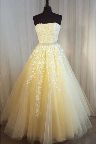Ball Gown Strapless Lace Appliques Yellow Long Prom Dresses Formal Evening Grad Dress