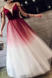 Fashion Burgundy Ombre V Neck Off the Shoulder Long Prom Dresses Formal Evening Grad Dress