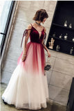 Fashion Burgundy Ombre V Neck Off the Shoulder Long Prom Dresses Formal Evening Grad Dress
