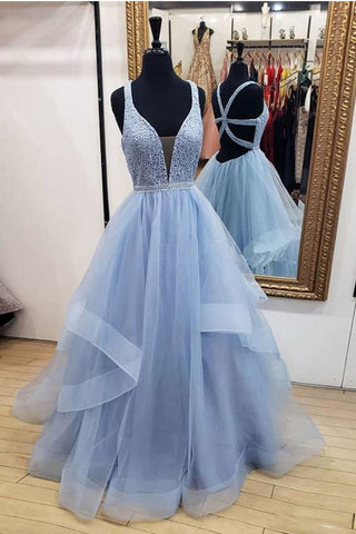 High Low Tiered Deep V Neck Blue Backless Prom Dresses Formal Evening Gowns Grad Dress