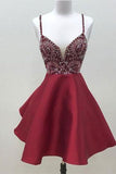 Burgundy V Neck Spaghetti Straps Beaded Homecoming Dresses Short Prom Dress