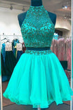 Two Piece Green Tulle Backless High Neck Homecoming Dresses Short Prom Dress