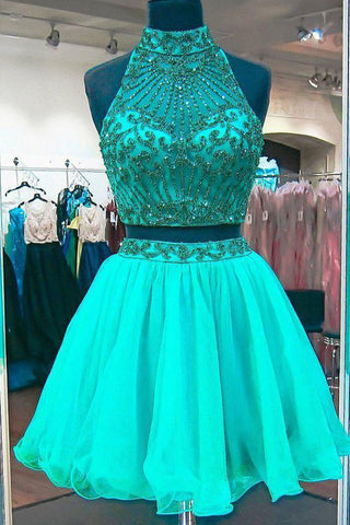 Two Piece Green Tulle Backless High Neck Homecoming Dresses Short Prom Dress