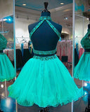 Two Piece Green Tulle Backless High Neck Homecoming Dresses Short Prom Dress