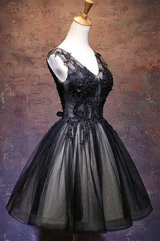 Chic Black Lace Appliques V Neck Mini Length Prom Dress Homecoming Dresses Cocktail Dress
