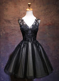 Chic Black Lace Appliques V Neck Mini Length Prom Dress Homecoming Dresses Cocktail Dress