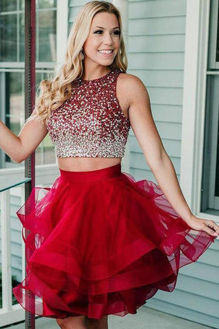 Two Piece Open Back Tiered Skirt Beaded Homecoming Dresses Short Prom Dress