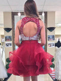 Two Piece Open Back Tiered Skirt Beaded Homecoming Dresses Short Prom Dress