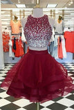 Two Piece Open Back Tiered Skirt Beaded Homecoming Dresses Short Prom Dress
