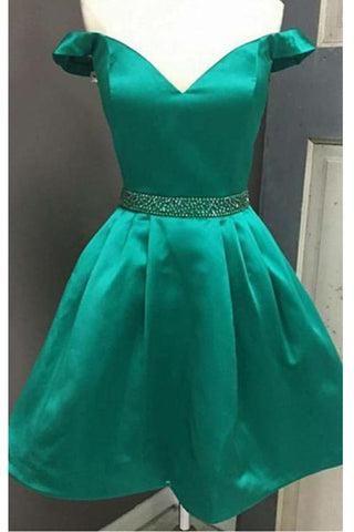 Simple Off the Shoulder Green Satin Cheap Homecoming Dresses Short Prom Dress Cocktail Dress
