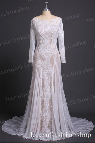 Chic Long Sleeves White Lace Chiffon Sheath Back-V Beach Wedding Dresses Bridal Dress