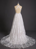 Open Back White Lace V Neck Straps Front Split Beach Wedding Dresses Bridal Dress