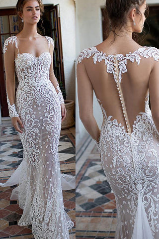 Sexy See Through Back Long Sleeves Lace Mermaid Beach Wedding Dresses Bridal Dress