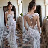 Sexy See Through Back Long Sleeves Lace Mermaid Beach Wedding Dresses Bridal Dress