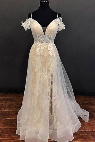 Spaghetti Straps Top See Through Lace Slit Long Beach Wedding Dresses Bridal Gowns Dress