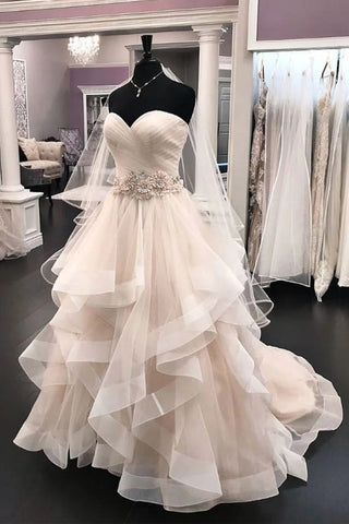 Strapless Tiered Skirt 3D Flowers Belt Long Beach Wedding Dresses Bridal Gowns Dress