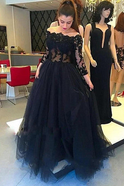 Off Shoulder Long Sleeves Black Lace Sexy Evening Gowns Prom Dresses