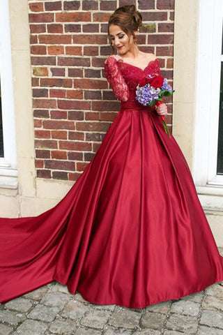 Long Sleeves Burgundy Lace Evening Gowns Wedding Dresses Prom Dress