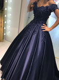 Off Shoulder Dark Blue Lace Satin Long Evening Ball Gowns Prom Dresses