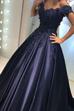 Off Shoulder Dark Blue Lace Satin Long Evening Ball Gowns Prom Dresses