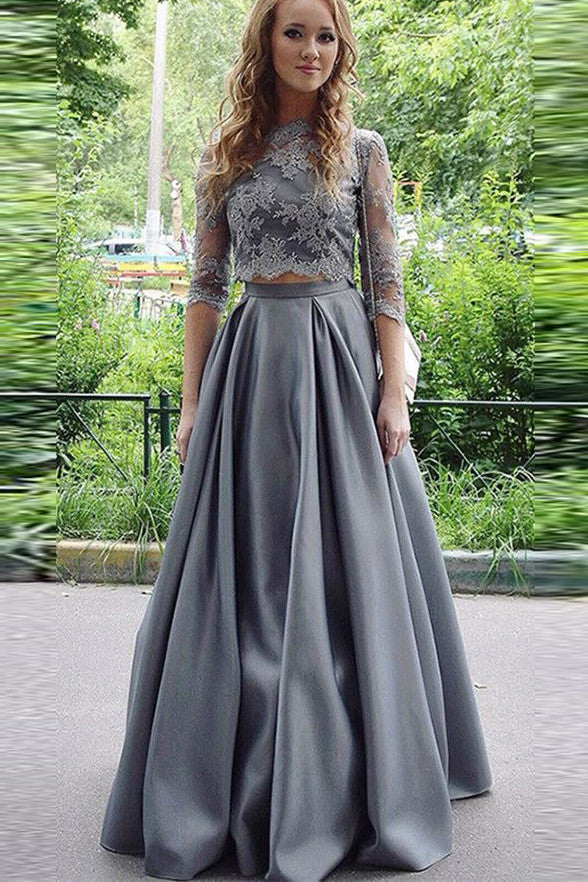 Grey Lace 2 Piece 3/4 Long Sleeves High Neck Evening Gowns Prom Dresses