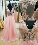 See Through Pink Lace Off Shoulder V Neck Evening Party Gowns Prom Dress