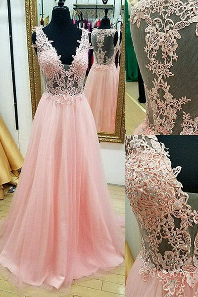 See Through Pink Lace Off Shoulder V Neck Evening Party Gowns Prom Dress