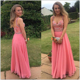 Spaghetti Straps Coral Chiffon Long Party Gowns Graduation Dress Prom Dresses