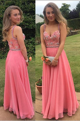 Spaghetti Straps Coral Chiffon Long Party Gowns Graduation Dress Prom Dresses