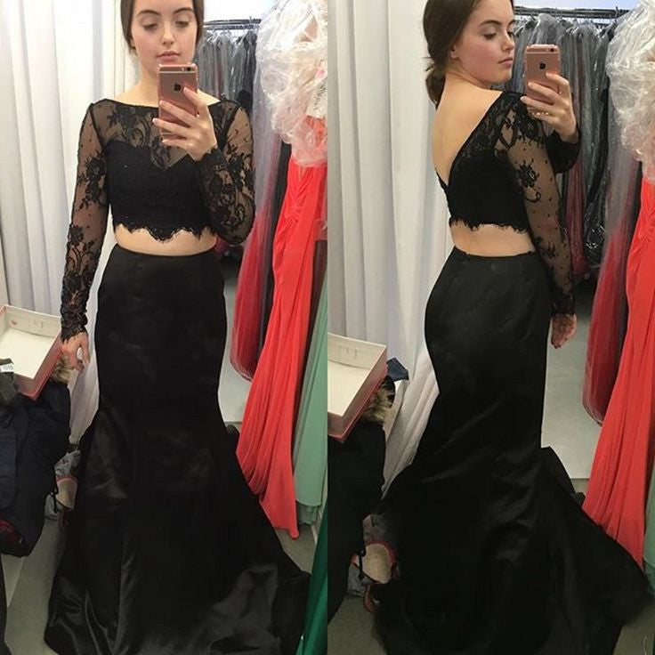 Mermaid ong Sleeves Black Lace 2 Piece Evening Gowns Prom Dresses