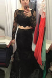 Mermaid ong Sleeves Black Lace 2 Piece Evening Gowns Prom Dresses