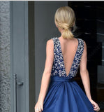 V Neck Open Back Dark Blue Satin Long Evening Party Gowns Prom Dresses