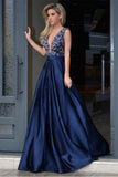 V Neck Open Back Dark Blue Satin Long Evening Party Gowns Prom Dresses