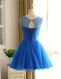 High Neck Blue Tulle Beads Short Homecoming Dress Party Gowns Prom Dresses