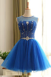 High Neck Blue Tulle Beads Short Homecoming Dress Party Gowns Prom Dresses