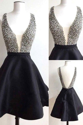 Black Short V Neck Backless Homecoming Dresses Party Gowns Prom Dress