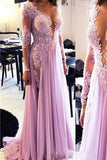 New Lace Slit Long Sleeves Deep V Neck Prom Dresses Evening Gowns