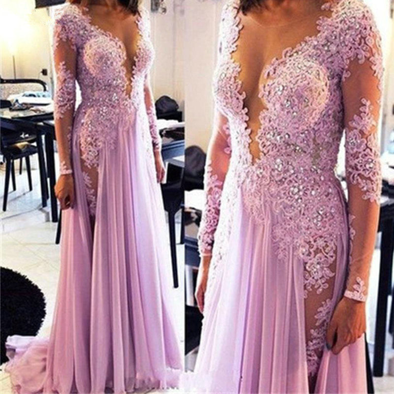 New Lace Slit Long Sleeves Deep V Neck Prom Dresses Evening Gowns