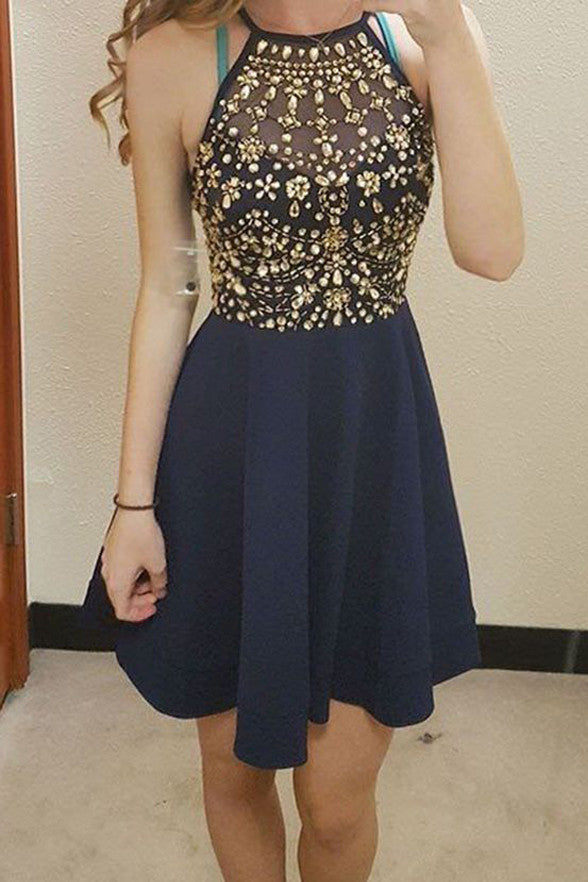 Halter Short Navy Blue Prom Dress Homecoming Dresses Custom Made Party Gowns