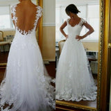 A-line Lace Cap Sleeves See Through Back High Quality Wedding Dresses Bridal Gowns