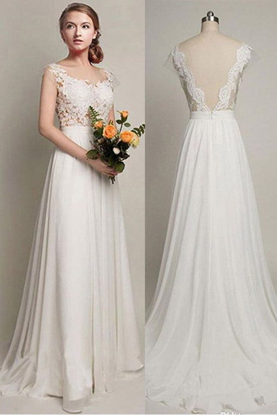 High Quality Back V Cap Sleeves Lace Beach Bridal Gowns Wedding Dresses