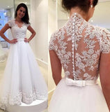 See Through V Neck Back Cap Sleeves Lace Wedding Dresses Bridal Gowns