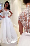 See Through V Neck Back Cap Sleeves Lace Wedding Dresses Bridal Gowns