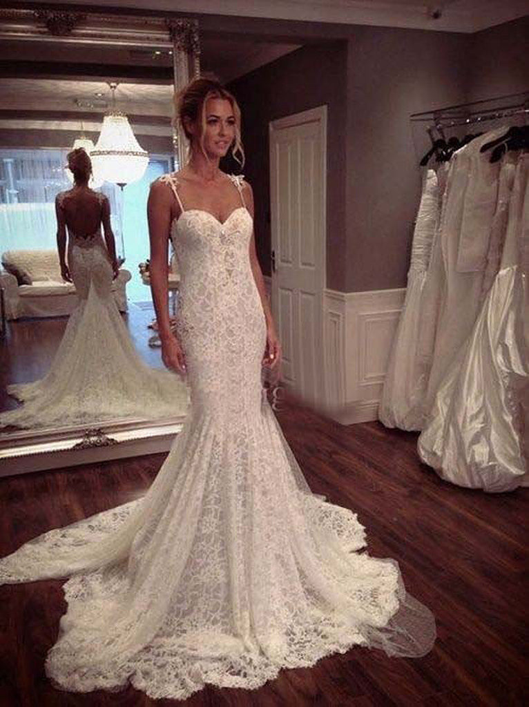 Mermaid Open Back Spaghetti Straps Lace Bridal Gown Wedding Dresses