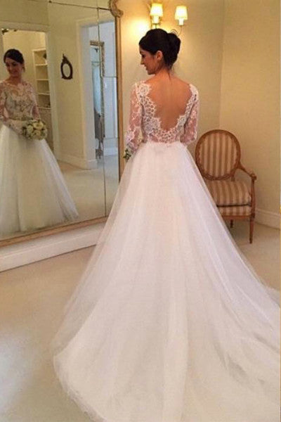 Romantic Back V Long Sleeves Lace Chapel Bridal Gown Wedding Dresses