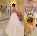 Romantic Back V Long Sleeves Lace Chapel Bridal Gown Wedding Dresses