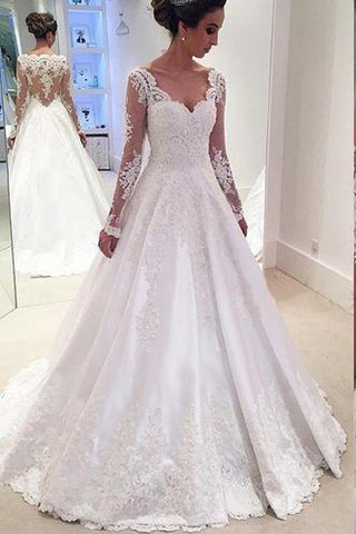 See Through Hot Sales V Neck Lace Satin Long Sleeves Bridal Gowns Wedding Dresses