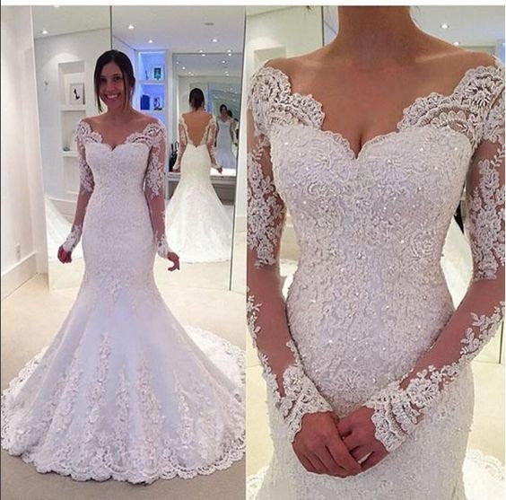 Mermaid Lace Sexy Backless Long Sleeves Wedding Dresses Bridal Gowns