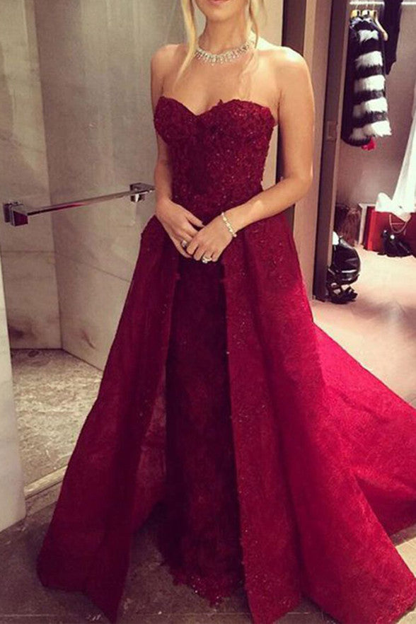 Burgundy Lace Princess Sweetheart Prom Dress Evening Party Gowns